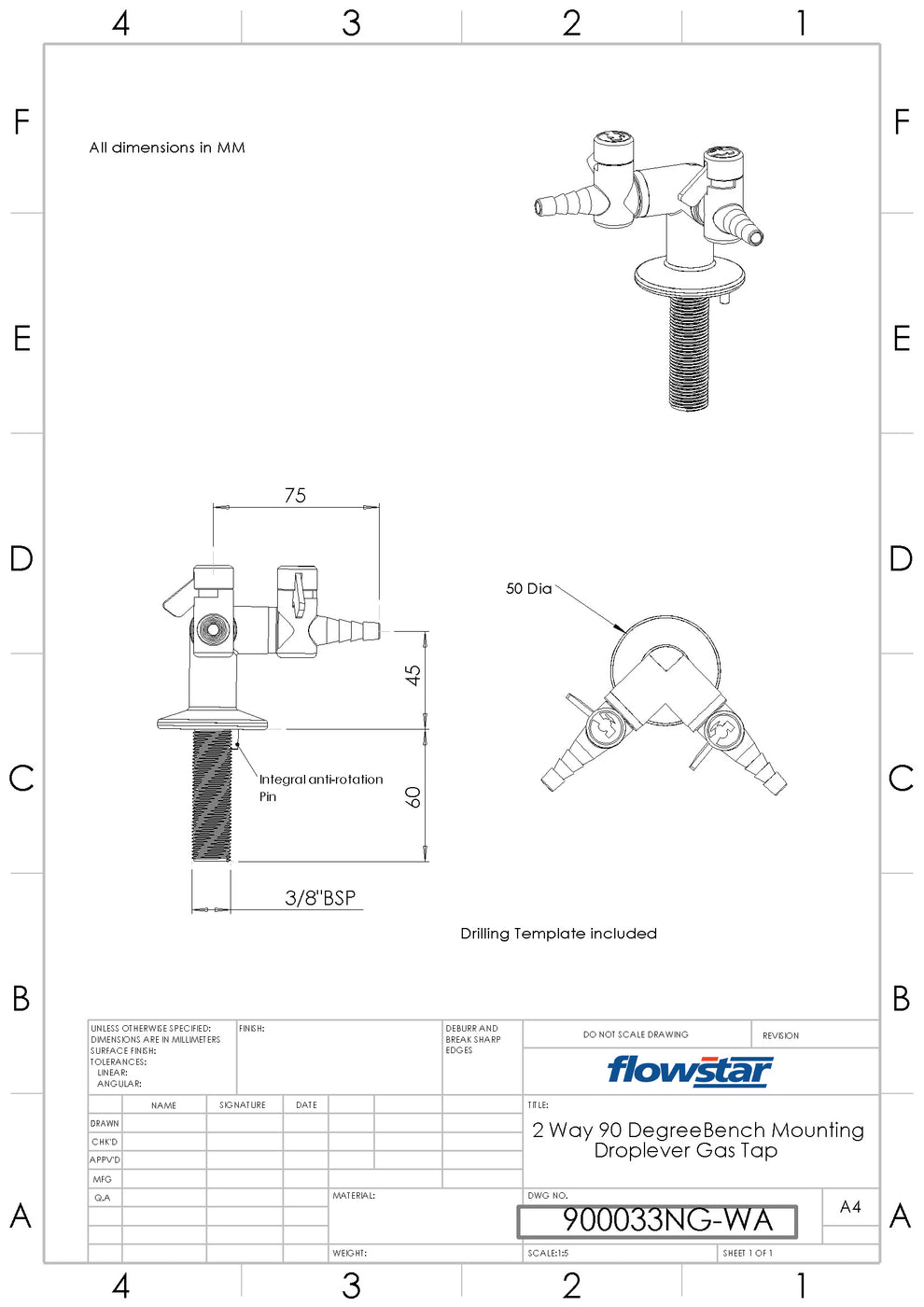 Two Way Bench Mounted Drop Lever Gas Tap - 900033 — Safety Valves Online
